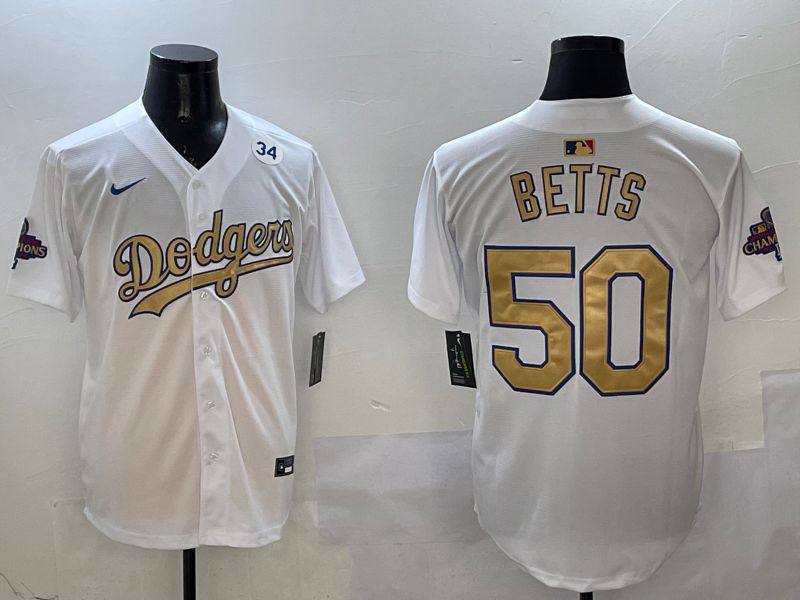 Men Los Angeles Dodgers #50 Betts White Champion gold character 2025 Nike MLB Jersey style 9->los angeles dodgers->MLB Jersey